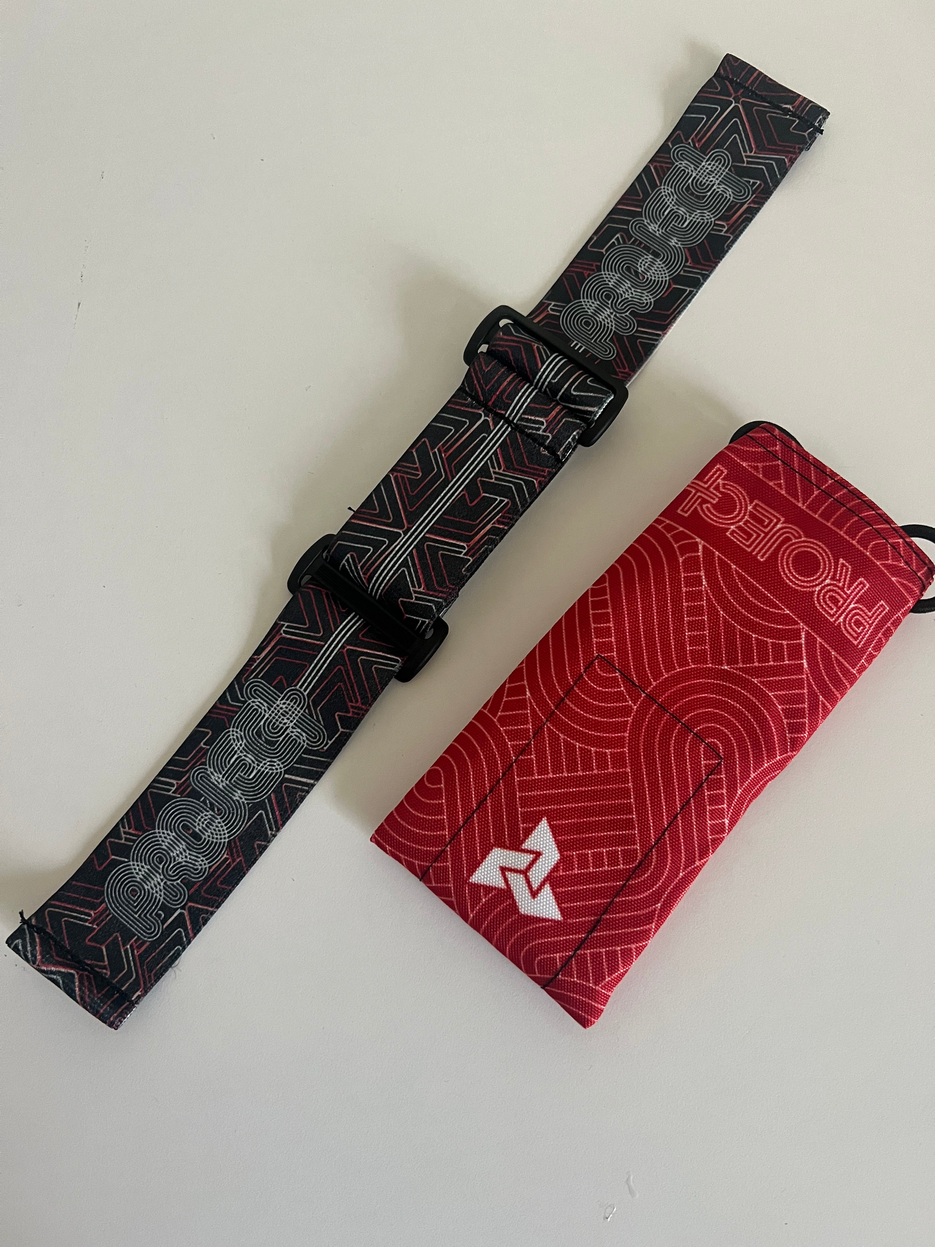 Secret drop, Dark Red Project Psychedelic Strap with Red Barrel bag